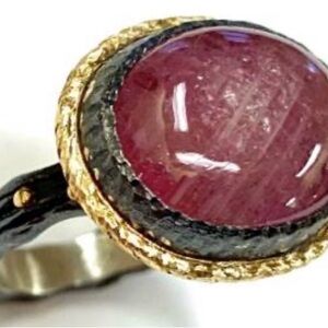 Artisan Pink Sapphire Cabochon Ring w/ 18k gold and sterling silver 6-1/4